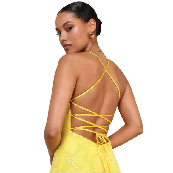 Lulu's Yellow Lace Backless Strappy Gown - Picture 3 of 13